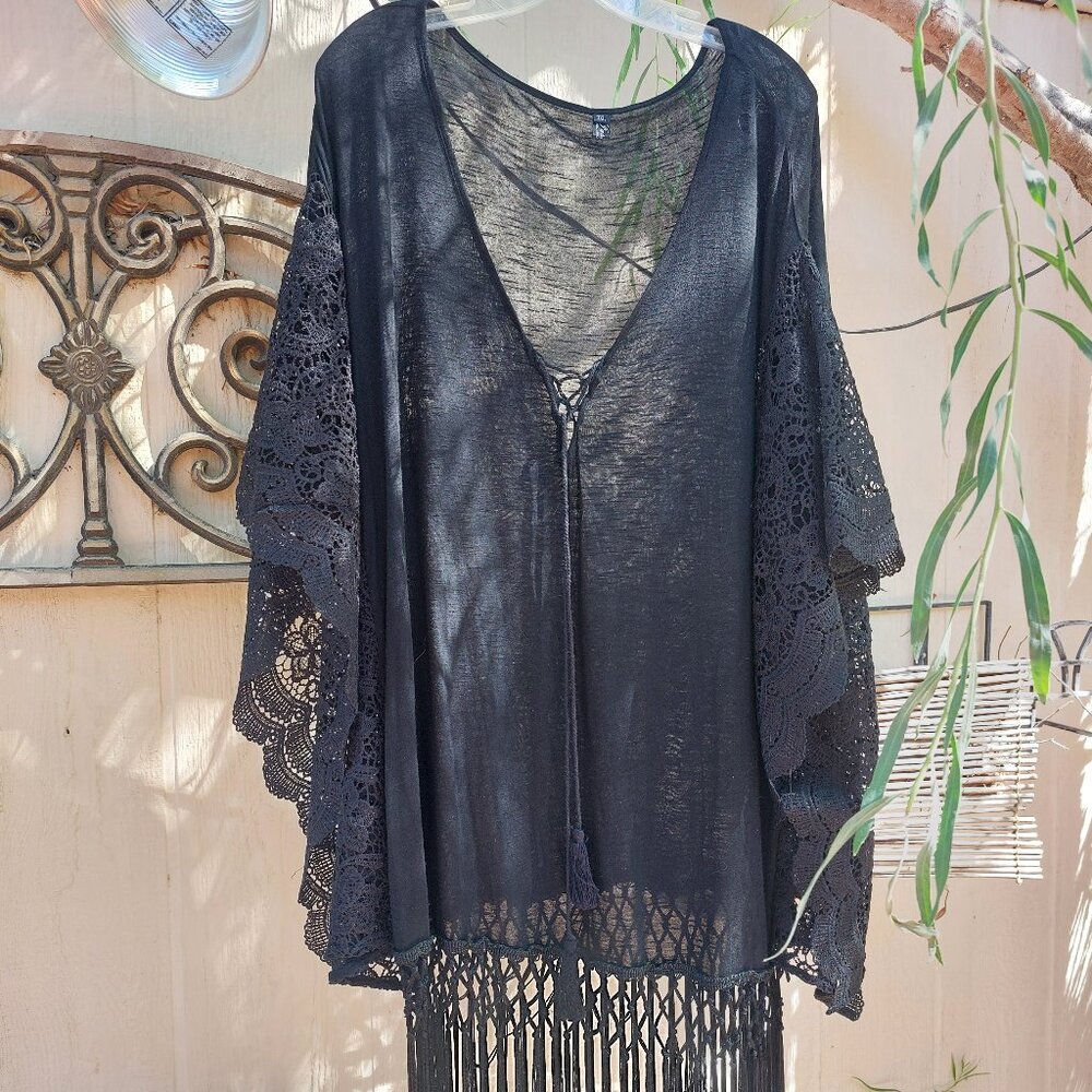 Stevie Nicks Tunic Blouse Poncho with lace and fringes , Witch, Gothic...